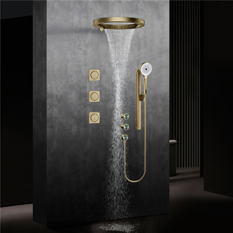 Shower Head Rain - ベヨン真鍮製つや消しゴールドトリプルハンドル壁掛け温冷水浴室シャワー水栓セット20インチレインシャワーヘッド