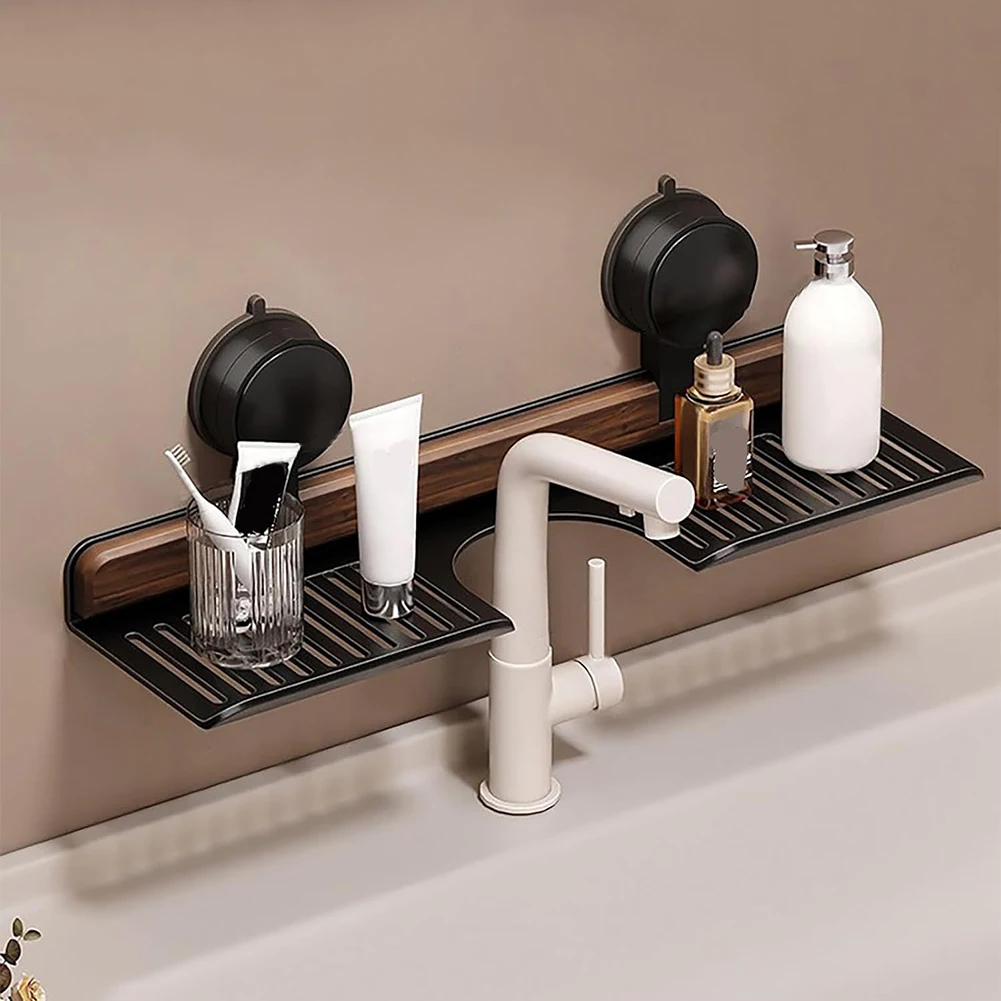 Tiny Home Bathroom Kit - E5 ウォールナット吸盤式浴室棚 化粧品オーガナイザー 壁掛けシンク棚 高耐久収納ラック 浴室家庭用品