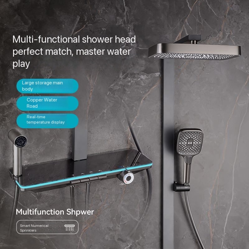 Shower Head Rain - グレーのピアノボタン式アンビエントライト付き浴室シャワーフルセット、デジタルディスプレイ付きシャワーシステムセット、レインシャワー水栓、シャワーヘッド