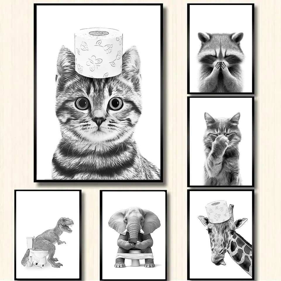 Home Bathroom Toilet - かわいい猫象犬キリン豚トイレットペーパー浴槽キャンバス絵画面白い浴室ポスタープリント壁アートホームルーム装飾