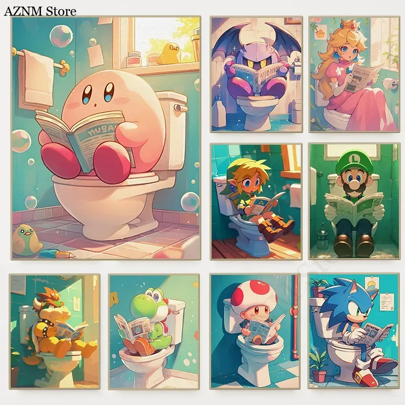 Home Bathroom Toilet - 面白いバスルーム漫画ビデオゲームポスターかわいいアニメーションキャラクタートイレキャンバス絵画壁アートシャワールーム子供の家の装飾