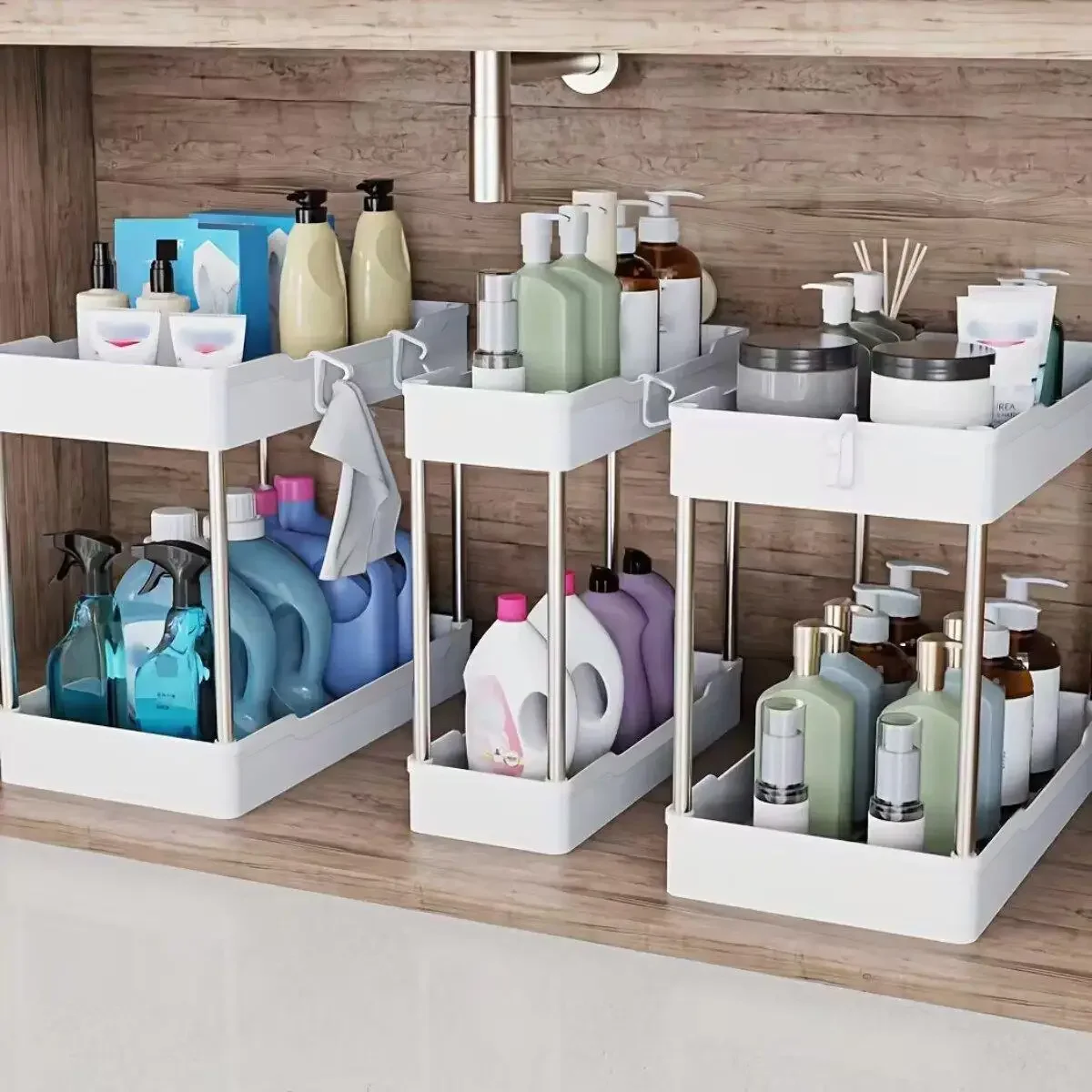 Home Bathroom Supplies - 3個セット シンク下オーガナイザー 2段収納ラック キッチンキャビネット棚 バスルーム洗面台カウンタートップコンテナ スペースセーバー
