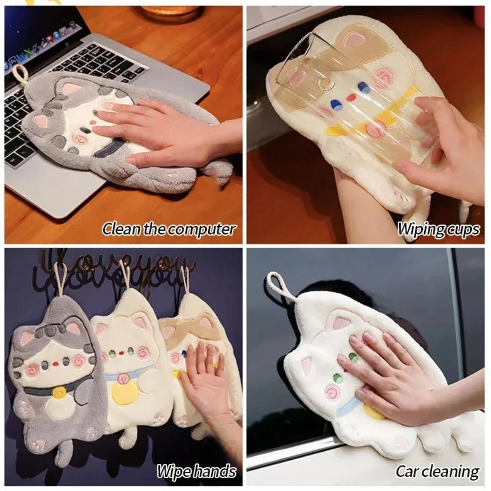 Home Bathroom Supplies - かわいい猫ハンドタオル速乾性キッチンクリーニングラグコーラルベルベット漫画動物吸収性バスルームハンギングタオル家庭用品