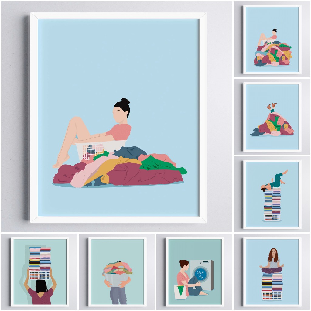 Home Bathroom Colors - パステルカラーのアートプリント洗濯日キャンバス絵画布の上に浮かぶ面白いポスター写真寝室のバスルームの家の装飾