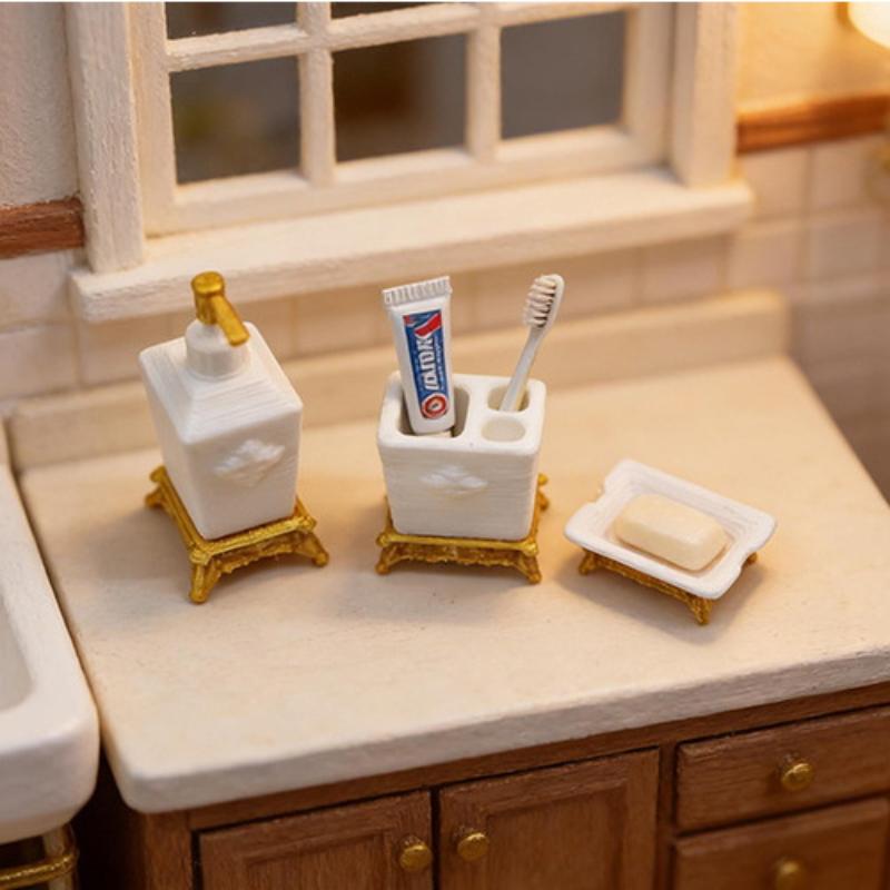 Toothbrush Holder Set - 1/3 個北欧スタイルのローションボトル & ソープディッシュミニ歯ブラシホルダーモデル 1:12 スケールドールハウスミニチュアバスルームアクセサリーセット