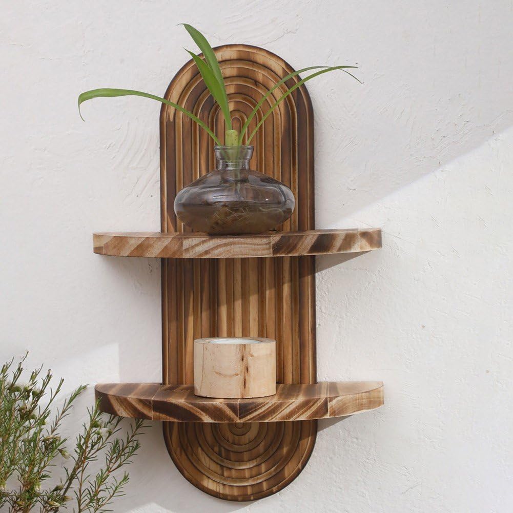 Home Bathroom Organizer - ボヘミアンレインボー吊り下げ式ウォールシェルフ 2段木製ディスプレイフローティングシェルフ ミッドセンチュリーデコレーションオーガナイザー ブラウン 多用途ホーム収納 寝室、バスルーム、キッチン、リビングルーム用