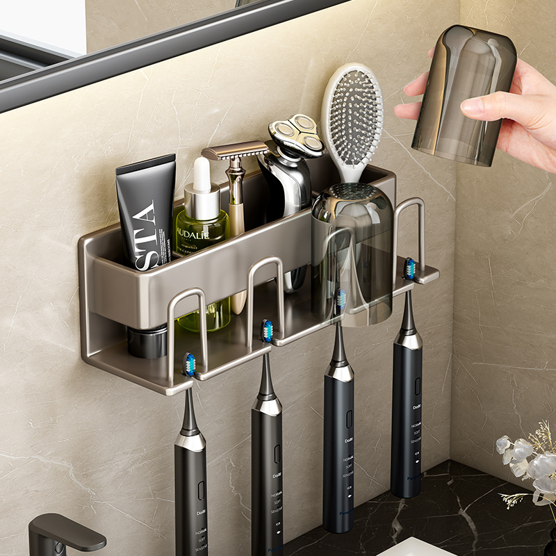 Tiny Home Bathroom Kit - バスルーム棚 壁掛け歯ブラシカップホルダー 歯磨き粉ホルダー 収納ラック 家庭用トイレタリーオーガナイザー バスルームアクセサリー