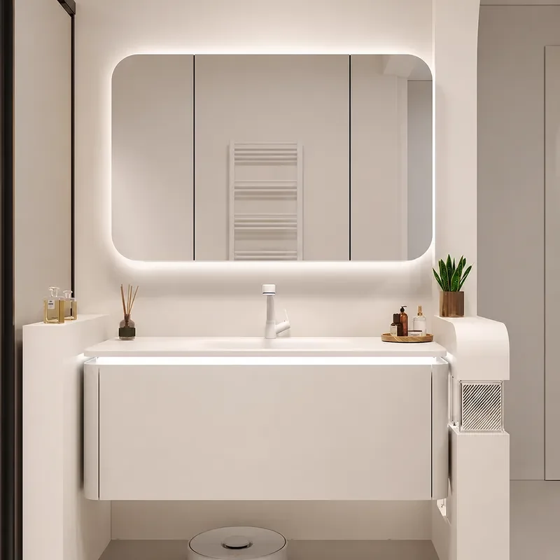 Home Bathroom Vanity Combo - セラミック一体型洗面台付き壁掛け式浴室キャビネット、シンクと収納付き、モダンな家の浴室に最適