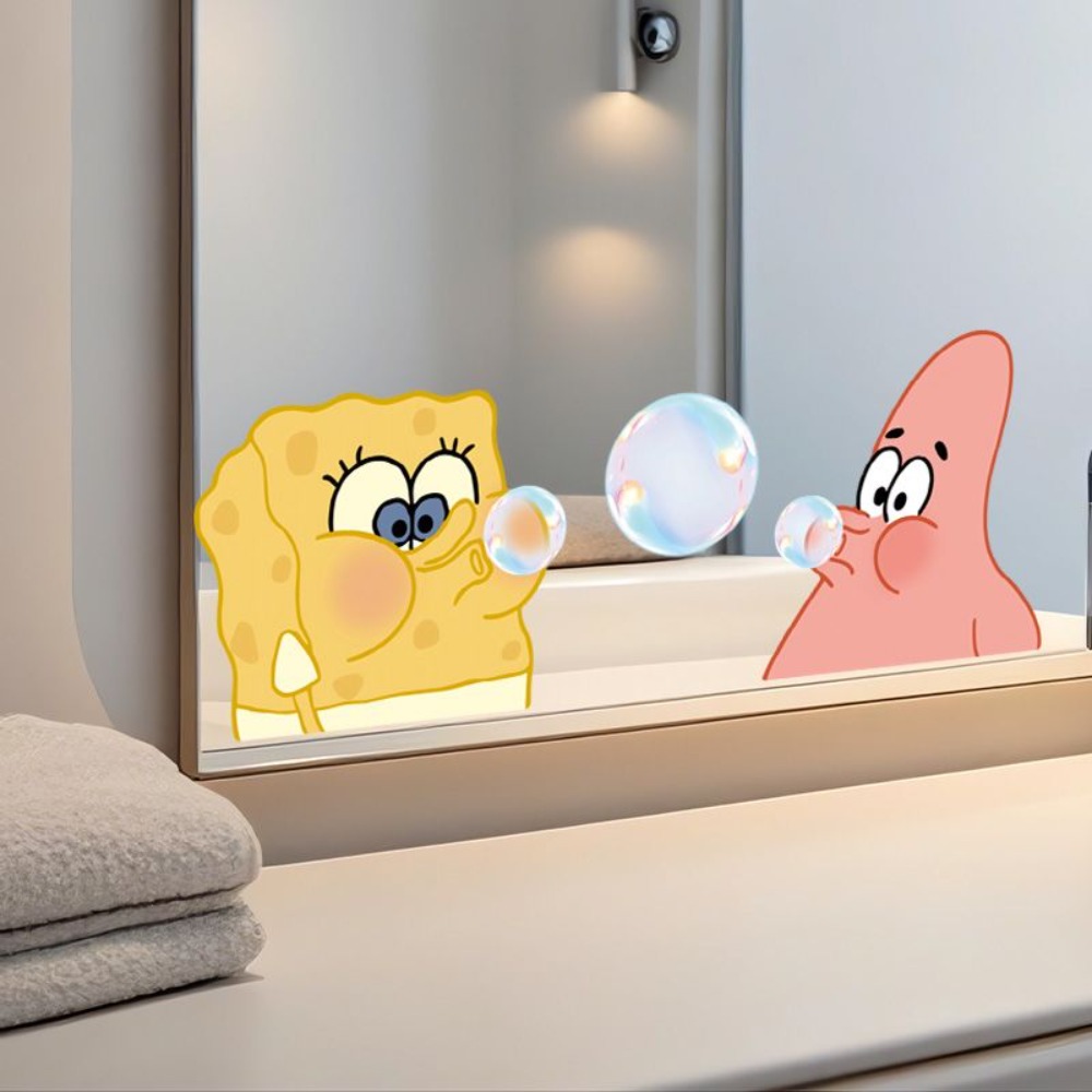 Home Bathroom Supplies - スポンジボブのバスルームミラーデカール – ガラスやトイレの装飾用の粘着式ビニールステッカー。 プライバシーカバーアート、完璧な贈り物