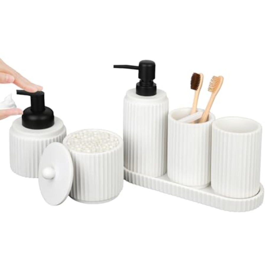 Toothbrush Holder Set - バスルームアクセサリーセット - 6点セット：歯ブラシホルダー、ローション＆泡ソープディスペンサー、綿棒ホルダー、バニティトレイ、バスルームタンブラー