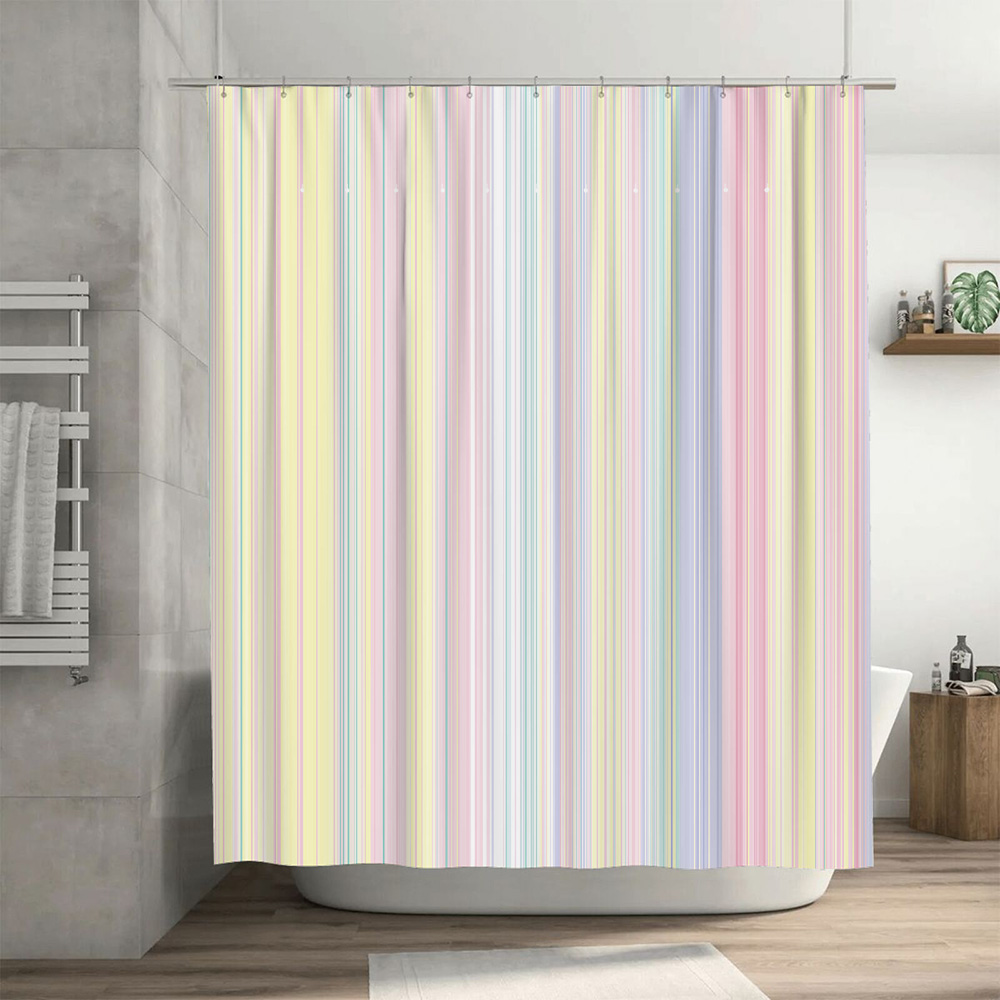 ソフトストライプシャワーカーテンパステルカラーのモダンな浴室 - Home Bathroom Colors のレビューと価格