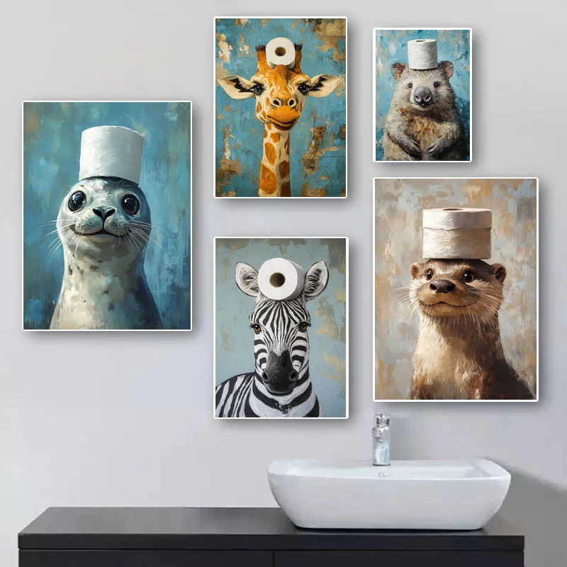 漫画かわいい面白い動物たちが頭にトイレットペーパーをかぶって - Home Bathroom Toilet のレビューと価格