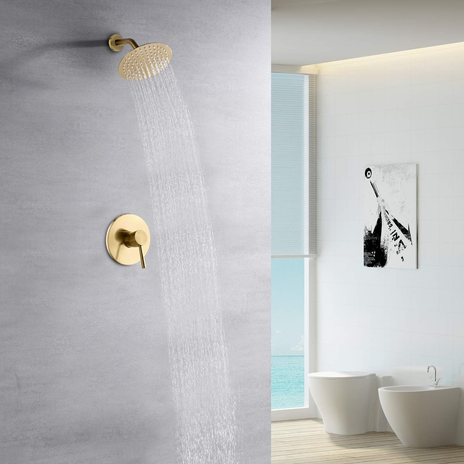 ブラッシュゴールド仕上げのシャワー水栓セット、8インチレイン - Shower Head Rain のレビューと価格